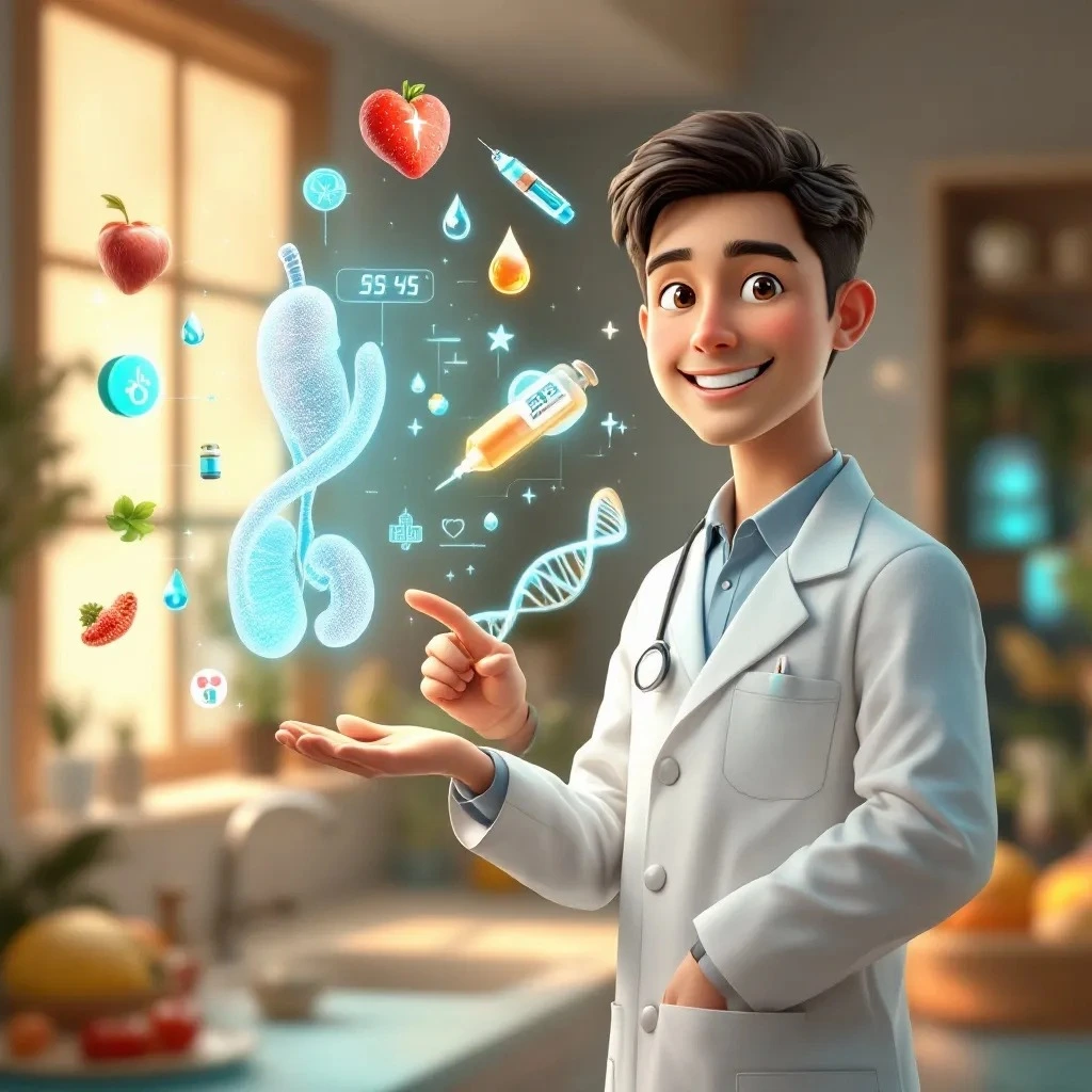 3D illustration of a doctor with pancreas and insulin icons, representing the fellowship in diabetology course for MBBS doctors