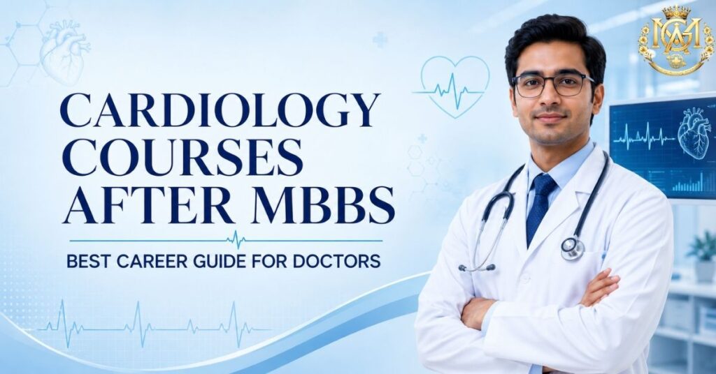 cardiology courses after mbbs showing career pathways including fellowship in clinical cardiology, certificate courses, and DM cardiology options for doctors