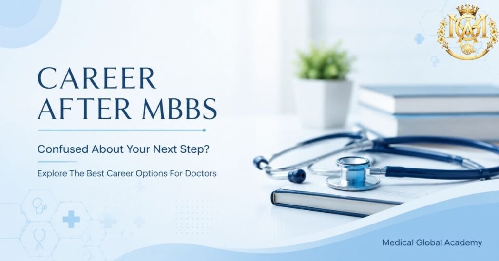 Career after MBBS guide showing career options, fellowship training, clinical practice, PG Diploma programs, and growth pathways for doctors.