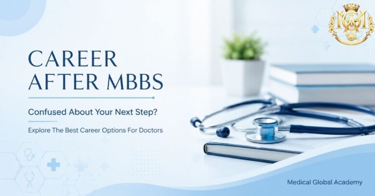 Career after MBBS guide showing career options, fellowship training, clinical practice, PG Diploma programs, and growth pathways for doctors.