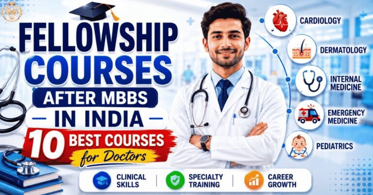 fellowship courses after mbbs in India showing top fellowship programs for doctors including cardiology, Dermatology, Internal Medicine, Emergency Medicine, and Pediatrics