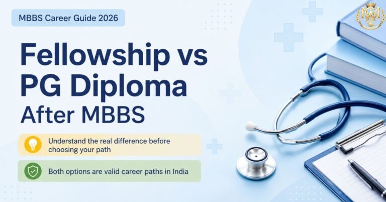 fellowship vs pg diploma after mbbs in India comparison showing post MBBS career options, clinical training in hospitals, and academic medical education path for doctors