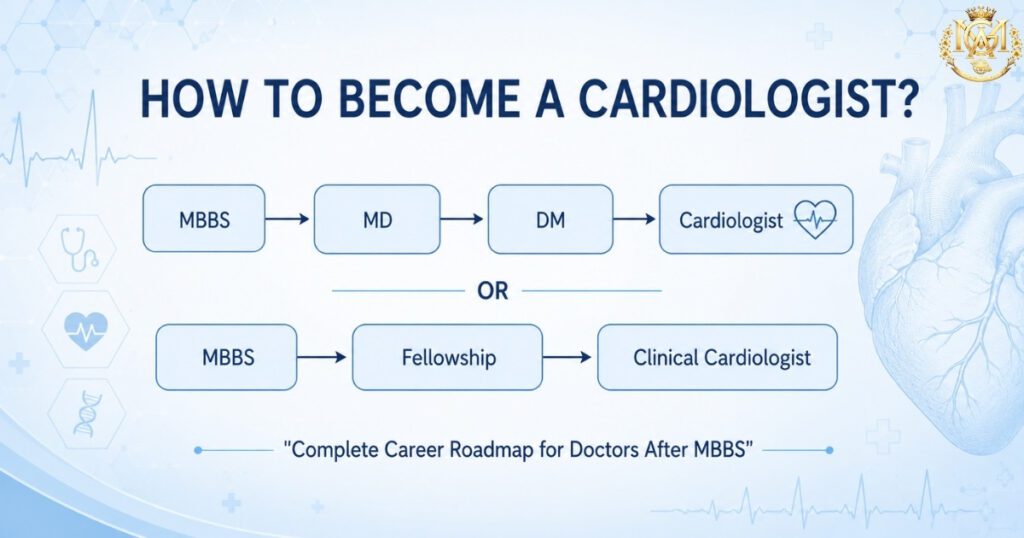 Flowchart showing step-by-step career path how to become a cardiologist after MBBS, including MBBS to MD to DM pathway and MBBS to fellowship route leading to clinical cardiologist career