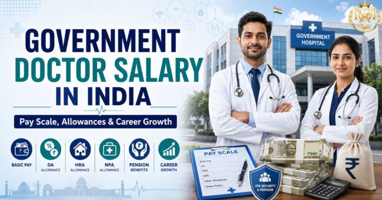 Government doctor salary in India showing pay scale, allowances, career progression, and salary growth across public healthcare services