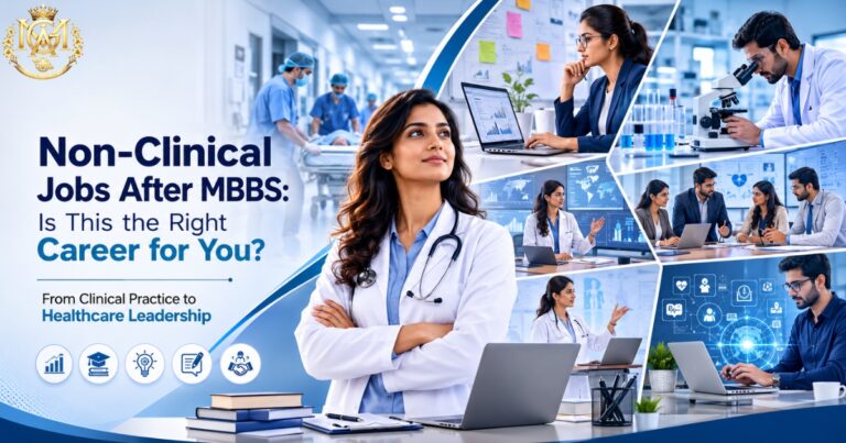 Non-clinical jobs after MBBS showing diverse medical career opportunities in research, healthcare management, medical writing, digital health, and public health