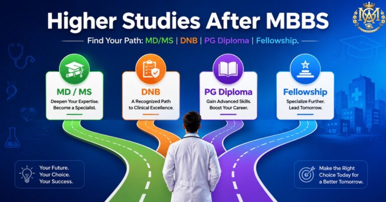 Career pathway decision guide showing four routes (MD/MS, DNB, PG Diploma, Fellowship) with color-coded branches, timeline durations (3-6-24 months), icons for each specialty path, and "Find Your Path" subtitle on blue gradient background for MBBS doctors planning postgraduate studies.