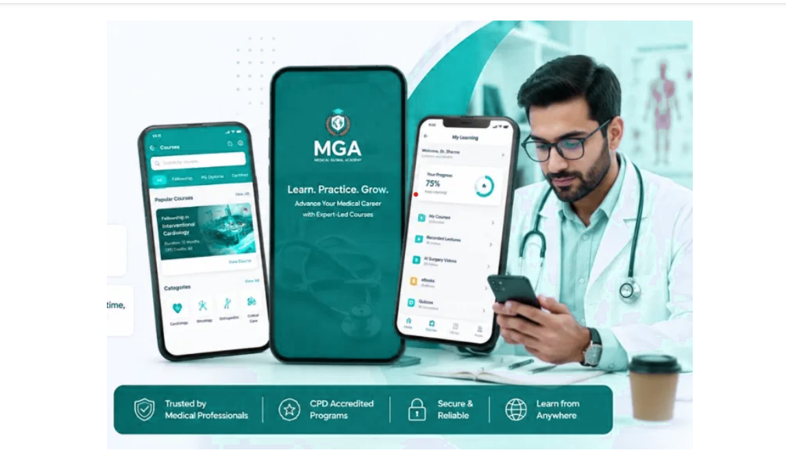 MGA App preview with phones and doctor