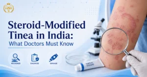 Clinical comparison of classic tinea ringworm versus steroid-modified tinea in India — showing pale, poorly-defined lesions with blurred borders characteristic of OTC steroid cream misuse