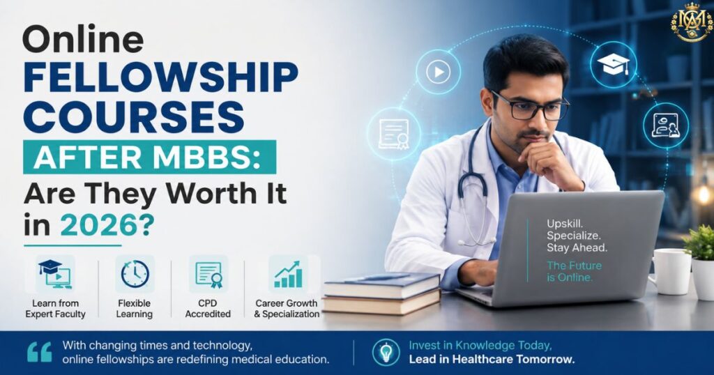 Working doctor taking an online fellowship course after MBBS on a laptop