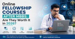 Working doctor taking an online fellowship course after MBBS on a laptop