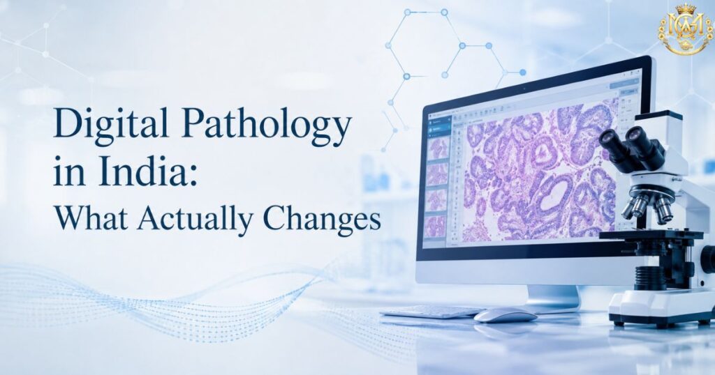 Pathologist reviewing a whole slide image on a screen representing digital pathology in India