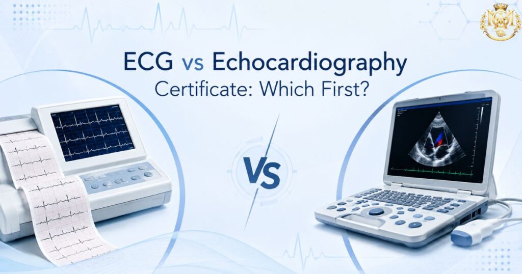 Doctor comparing clinical skills for a certificate in ECG interpretation and echocardiography