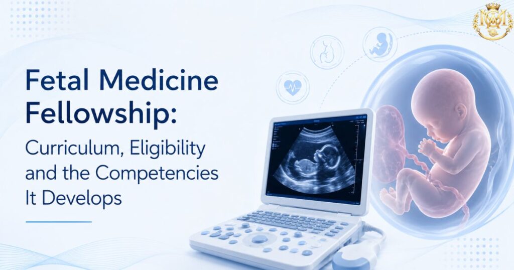 Fetal Medicine Fellowship curriculum and eligibility guide next to an ultrasound machine
