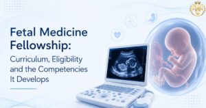 Fetal Medicine Fellowship curriculum and eligibility guide next to an ultrasound machine