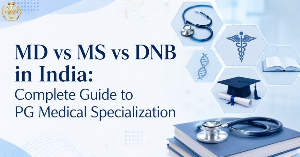 Comparison infographic showing MD (university-based medicine), MS (university-based surgery), and DNB (NBEMS-based) postgraduate qualifications with key differences in training environment, assessment, and career pathways