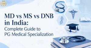 Comparison infographic showing MD (university-based medicine), MS (university-based surgery), and DNB (NBEMS-based) postgraduate qualifications with key differences in training environment, assessment, and career pathways