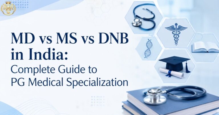 Comparison infographic showing MD (university-based medicine), MS (university-based surgery), and DNB (NBEMS-based) postgraduate qualifications with key differences in training environment, assessment, and career pathways