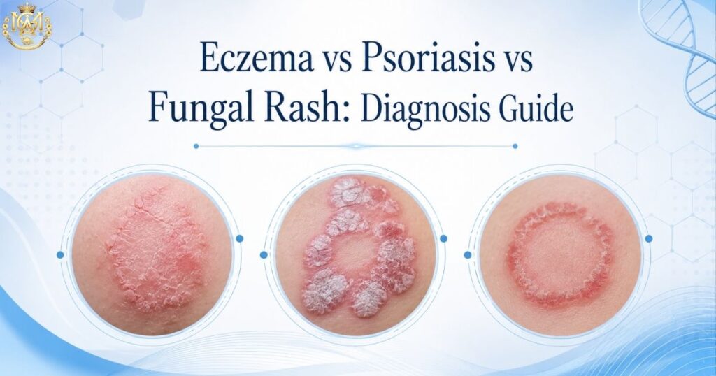 Clinical side-by-side comparison of eczema, psoriasis, and fungal rash presentations showing distribution patterns, scale character and border definition