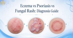 Clinical side-by-side comparison of eczema, psoriasis, and fungal rash presentations showing distribution patterns, scale character and border definition