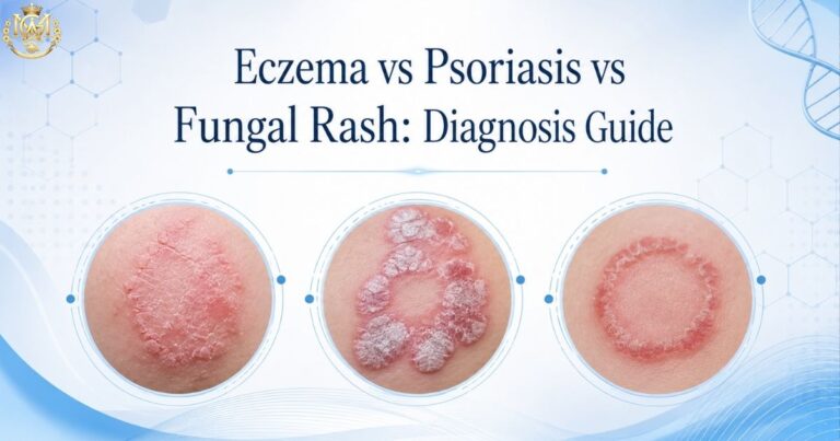 Clinical side-by-side comparison of eczema, psoriasis, and fungal rash presentations showing distribution patterns, scale character and border definition
