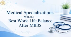Comparison of medical specializations by work-life balance showing low call-frequency fields like dermatology and radiology versus high-intensity fields like emergency medicine and surgery