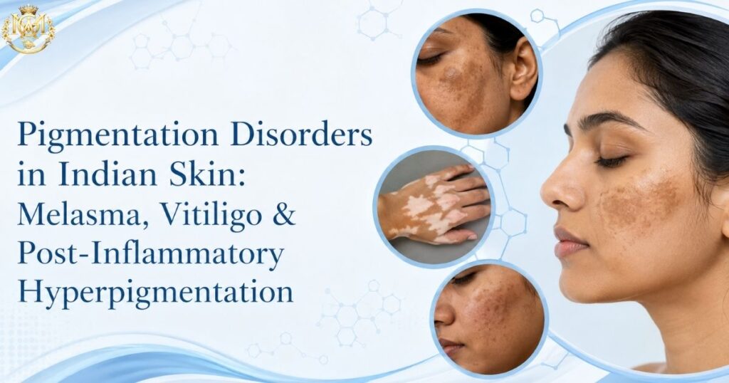 Clinical comparison of melasma, vitiligo and post-inflammatory hyperpigmentation presentations in Indian skin showing symmetrical facial patches, depigmented lesions and localized dark marks