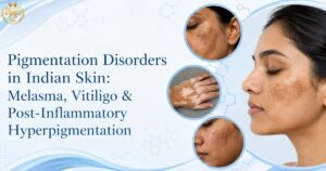 Clinical comparison of melasma, vitiligo and post-inflammatory hyperpigmentation presentations in Indian skin showing symmetrical facial patches, depigmented lesions and localized dark marks