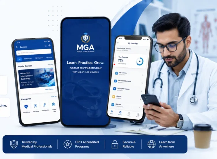 MGA App preview with phones and doctor