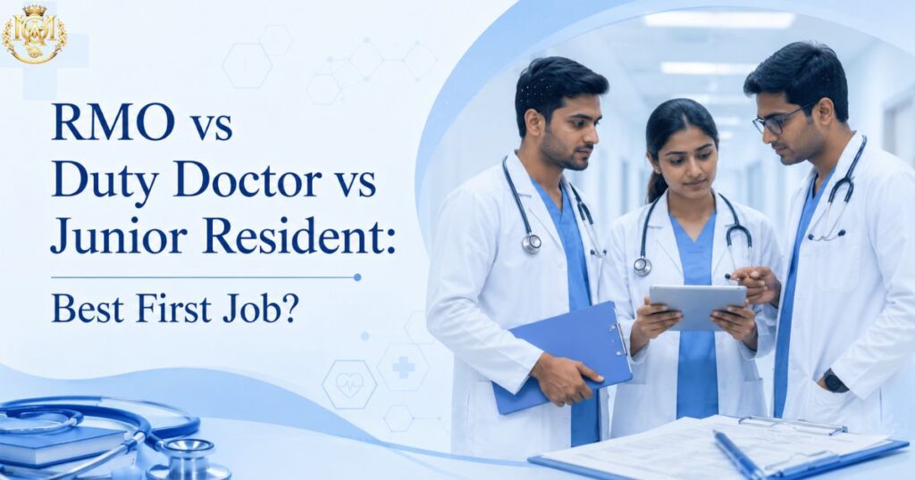 Doctors discussing hospital roles representing RMO vs duty doctor vs junior resident careers