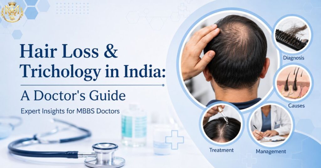 Doctor examining a patient's scalp representing a clinical guide to hair loss and trichology in India