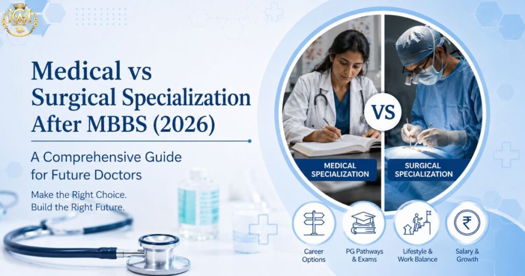 Doctor comparing medical and surgical specialization career paths after MBBS