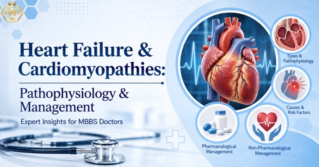 Cardiologist reviewing an echocardiogram representing pathophysiology of heart failure and cardiomyopathies