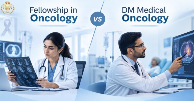 Doctors discussing the differences between a Fellowship in Oncology vs DM Medical Oncology career path