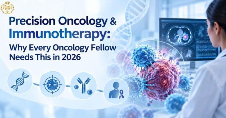 Doctor reviewing genomic data and scans representing precision oncology and immunotherapy fellowship training