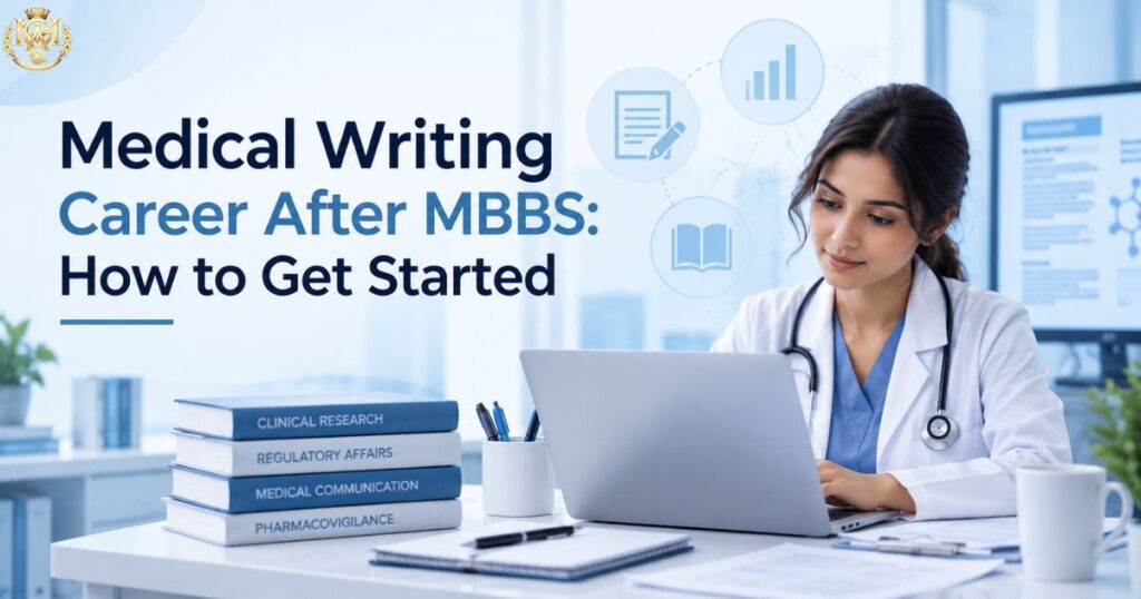 Doctor working on a laptop representing a medical writing career after MBBS